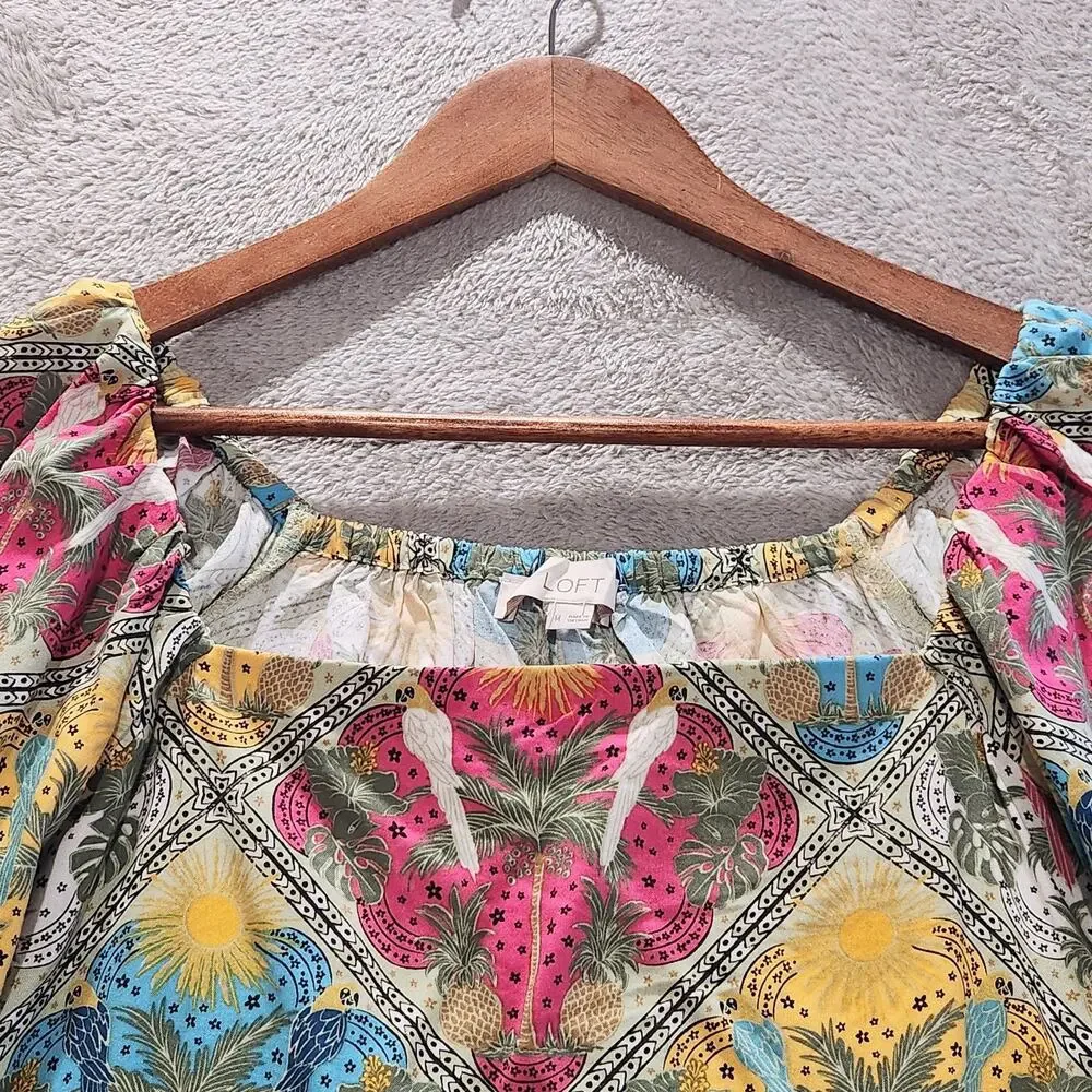LOFT Palm Puff Sleeve Square Neck Tropical Blouse Size Medium Boho Resort Beach